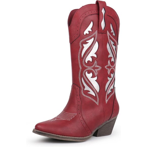 Hawkwell Women's Red Western Rodeo Cowgirl Chunky Block Heel Pull On Boot - Picture 6 of 6